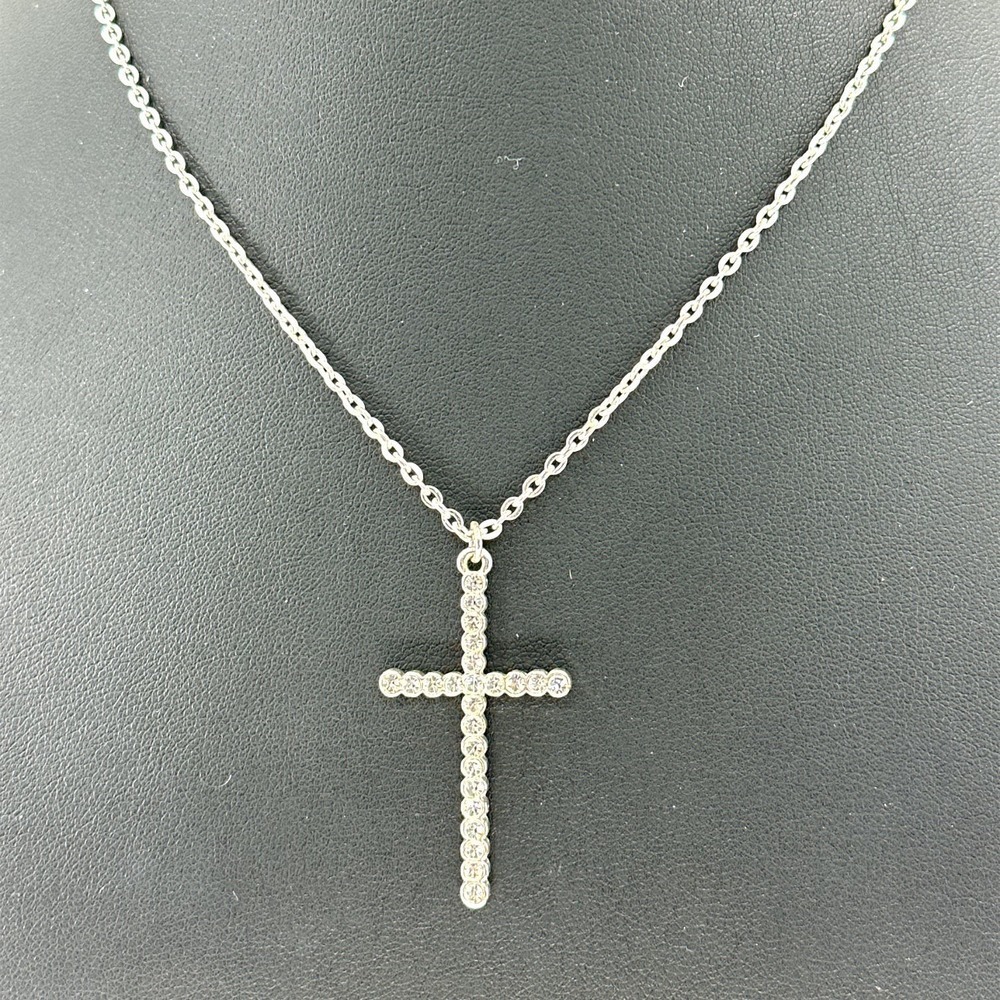 Guess Cross with Rhinestones Pendant Silvertone Necklace